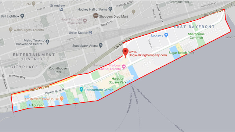 Map for Dog Walking Group Walks
          Services in Queensquay and Harbourfront in Downtown Toronto, Dog Walker Queens Quay, Dog Walker in Harbourfront Toronto.